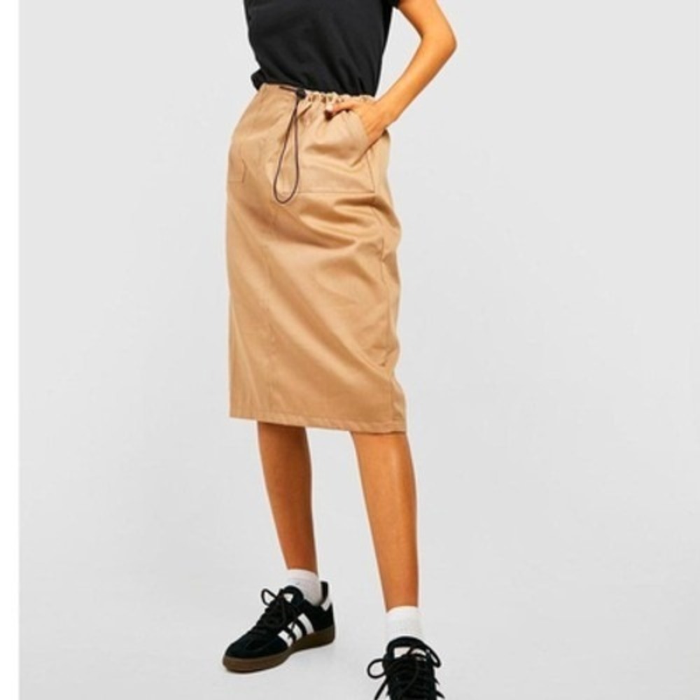 New Small Beige Khaki Cargo Skirt Midi Y2K 90's Grunge Adjustable Drawcord